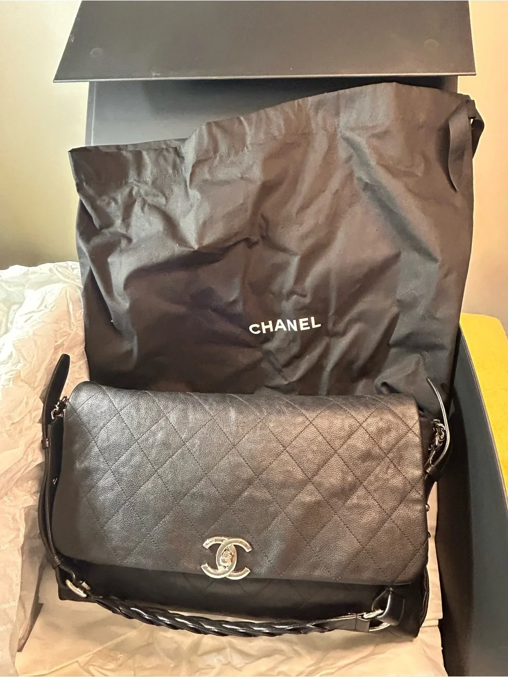 Authentic CHANEL Black Quilted Leather Shoulder Bag with Silver-Tone CC